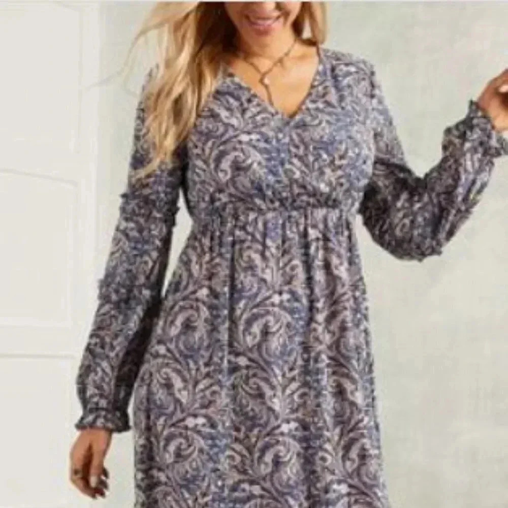 Suzanne Betro | Blue & Pink Floral Ruffle-Sleeve Empire  Waist Dress - Plus Size